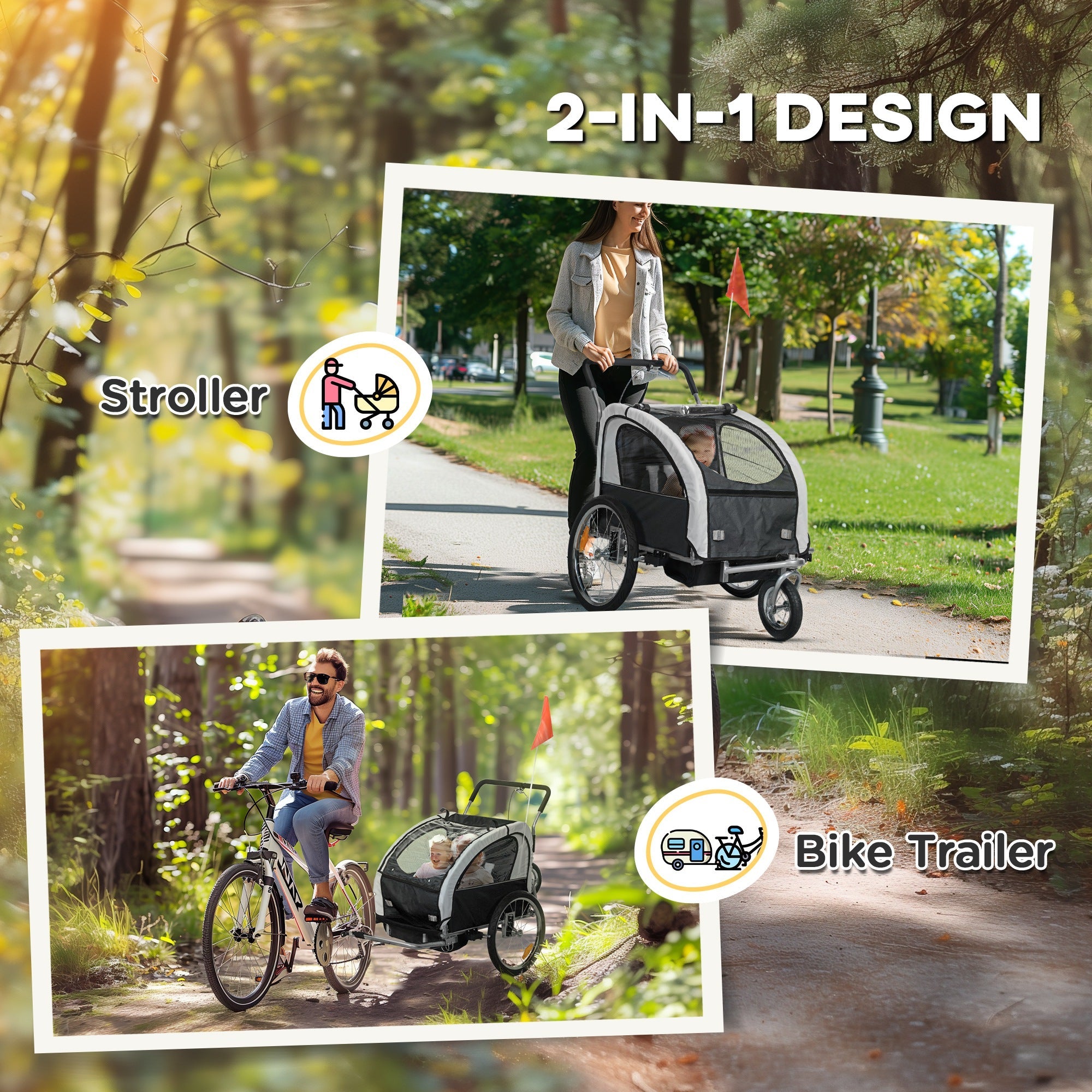 HOMCOM 2 Seat Bike Trailer with 5 Point Harness, Baby Bike Stroller with Safety Flag, Reflectors, for 18+ Months, Black 