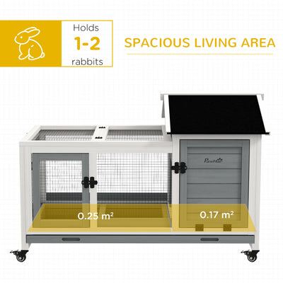 PawHut Wooden Rabbit Hutch, Guinea Pig Cage, with Removable Tray, Wheels - Grey 