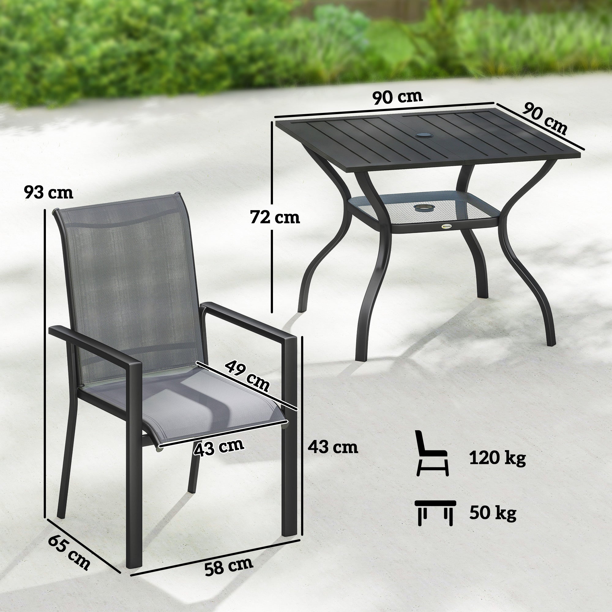 Outsunny 5 Pieces Outdoor Dining Set for 4, Garden Table and Stackable Chairs with Breathable Mesh Seat and Parasol Hole, Grey 