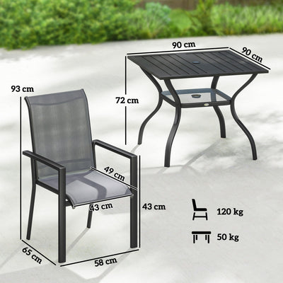 Outsunny 5 Pieces Outdoor Dining Set for 4, Garden Table and Stackable Chairs with Breathable Mesh Seat and Parasol Hole, Grey 