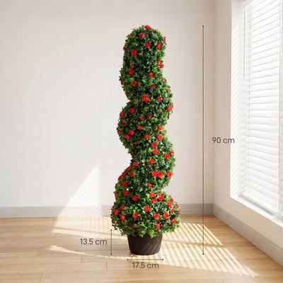 HOMCOM Artificial Rose Spiral Topiary Tree Set of 2, Indoor Outdoor Fake Plants with 630 Leaves, 90cm 