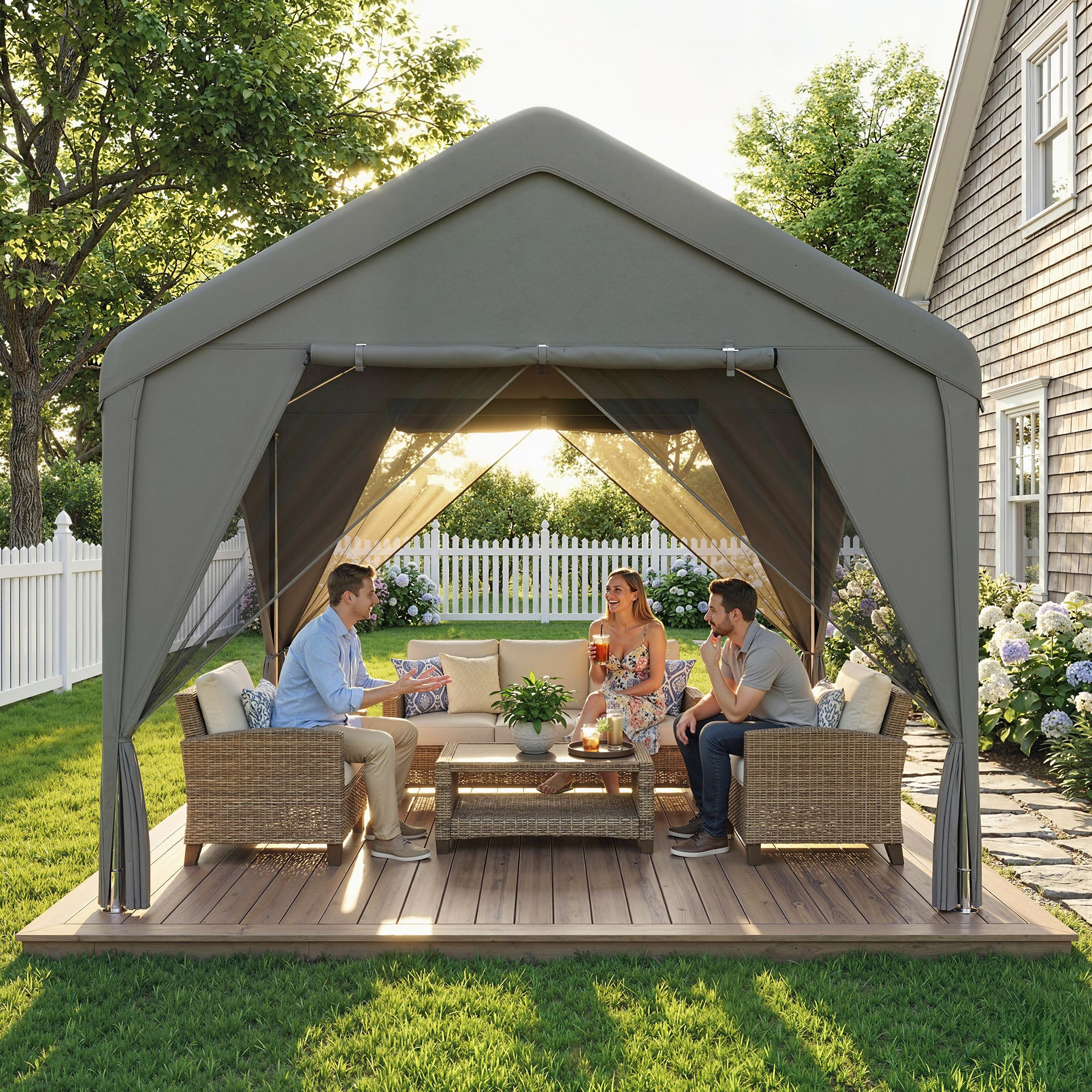 Outsunny 3 x 3 m Patio Gazebo with Netting & Curtains, Outdoor Canopy Shelter with Galvanised Steel Frame, Dark Grey 
