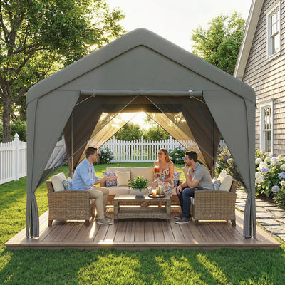 Outsunny 3 x 3 m Patio Gazebo with Netting & Curtains, Outdoor Canopy Shelter with Galvanised Steel Frame, Dark Grey 
