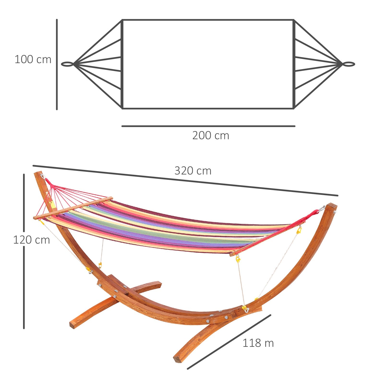 Outsunny Outdoor Hammock with Stand, Free Standing Hammock with Arc Wooden Frame and 200 x 100cm Fabric, Garden Swing Hanging Bed with Safe Ropes, Multicolour 