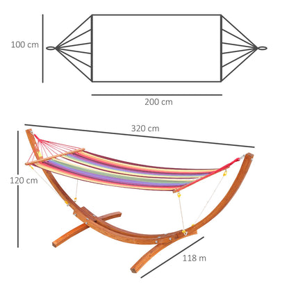 Outsunny Outdoor Hammock with Stand, Free Standing Hammock with Arc Wooden Frame and 200 x 100cm Fabric, Garden Swing Hanging Bed with Safe Ropes, Multicolour 