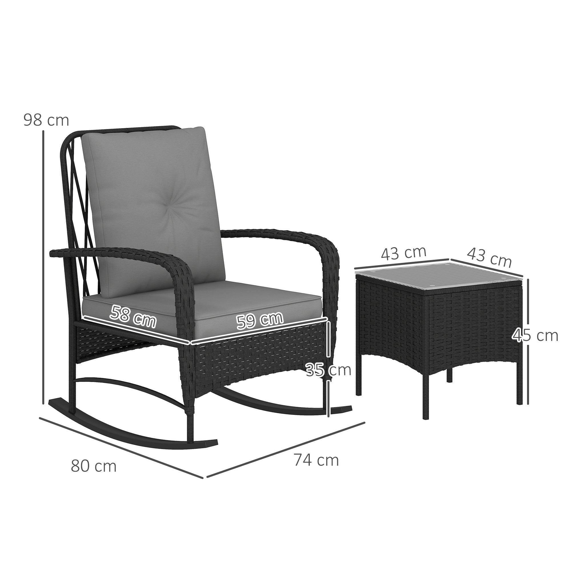 Outsunny Three-Piece Rocking Chair Rattan Bistro Set - Black 