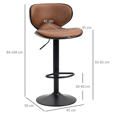 HOMCOM Bar Stool Set of 2 Microfiber Cloth Adjustable Height Armless Chairs with Swivel Seat, Brown 