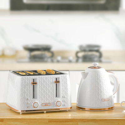 HOMCOM 1.7L 3000W Fast Boil Kettle & 4 Slice Toaster Set, Kettle and Toaster Set with 7 Browning Controls, Crumb Tray, White 