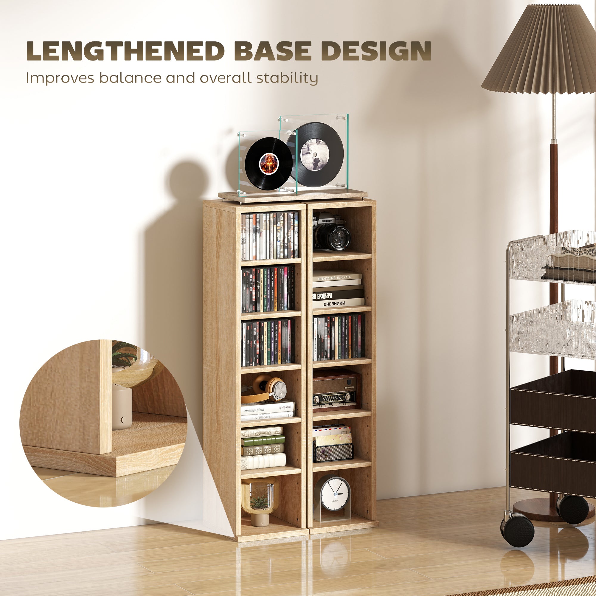 HOMCOM Set of 2 CD Media Display Shelf Unit Tower Rack with Adjustable Shelves, Oak 