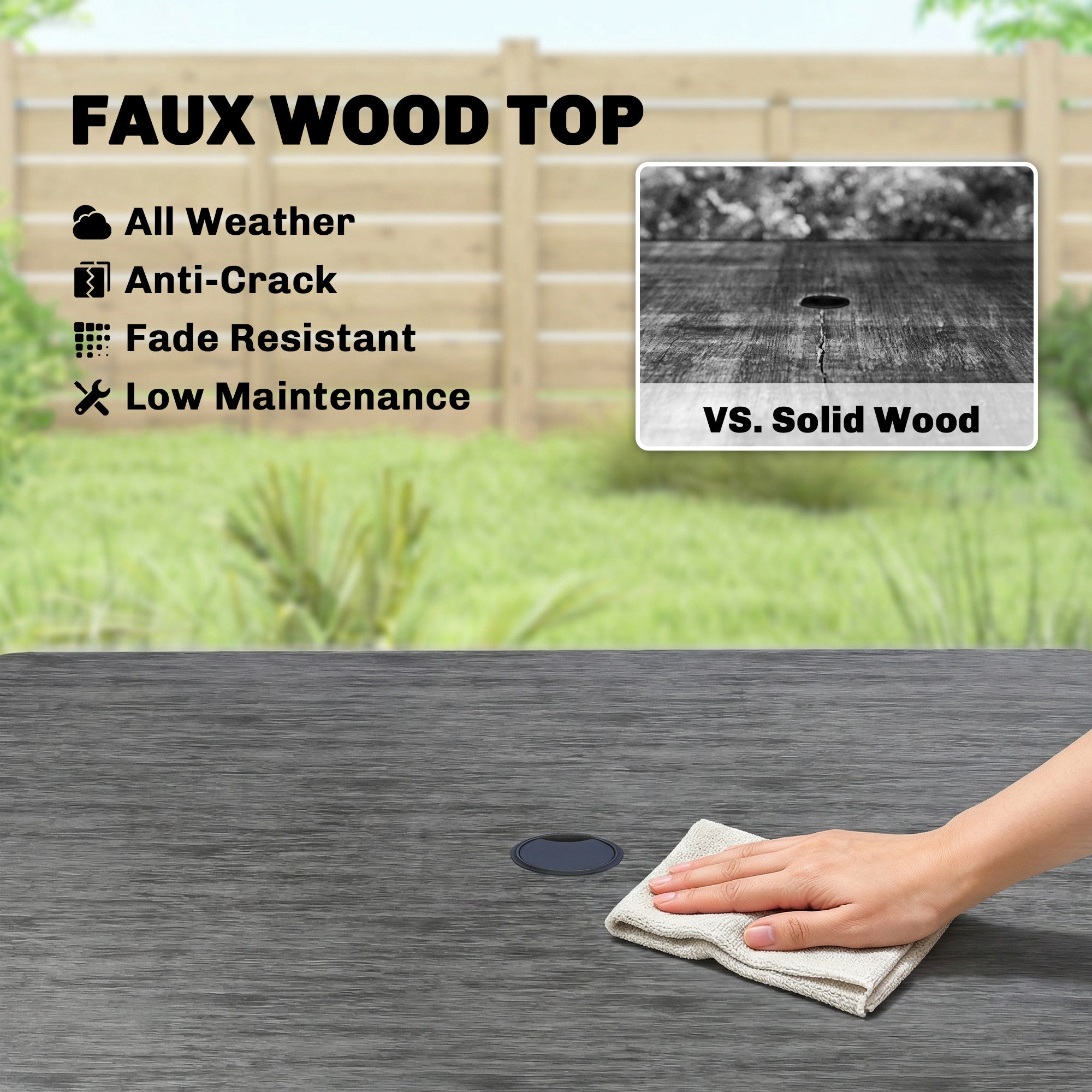 Outsunny Garden Dining Table for 4, 85 cm Square Outdoor Table with Umbrella Hole, Faux Wood Top, Metal Legs, Dark Grey 