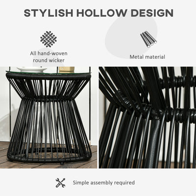 Outsunny Round End Table, Rattan Side Table, Hollow Drum Design Coffee Table w/ Glass Tabletop for Patio, Garden, Balcony Black 