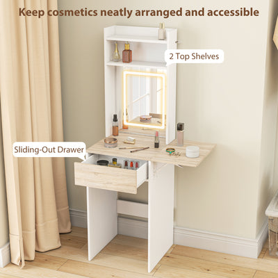 HOMCOM Small Vanity Desk with Mirror and LED Lights, Compact Dressing Table with Drop Leaf, Open Shelves and Drawer, White 