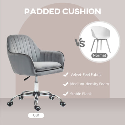HOMCOM Office Chair, Swivel Desk Chair, Velvet-Feel Fabric Vanity Chair with Adjustable Height and Rolling Wheels for Home Work Study, Grey 