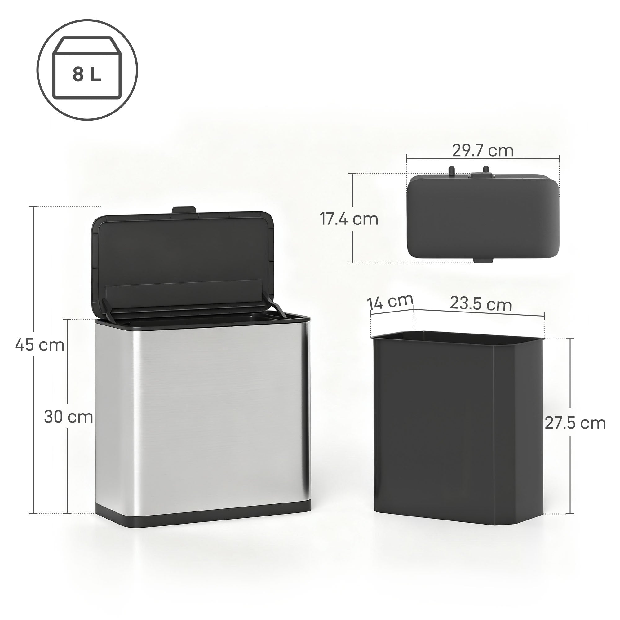 HOMCOM 8L Hanging Kitchen Bin, Rubbish bin with Lid and Removable Inner Bucket for Under Cabinet Door, Under Sink, Office 