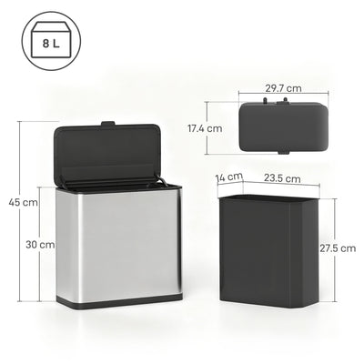 HOMCOM 8L Hanging Kitchen Bin, Rubbish bin with Lid and Removable Inner Bucket for Under Cabinet Door, Under Sink, Office 