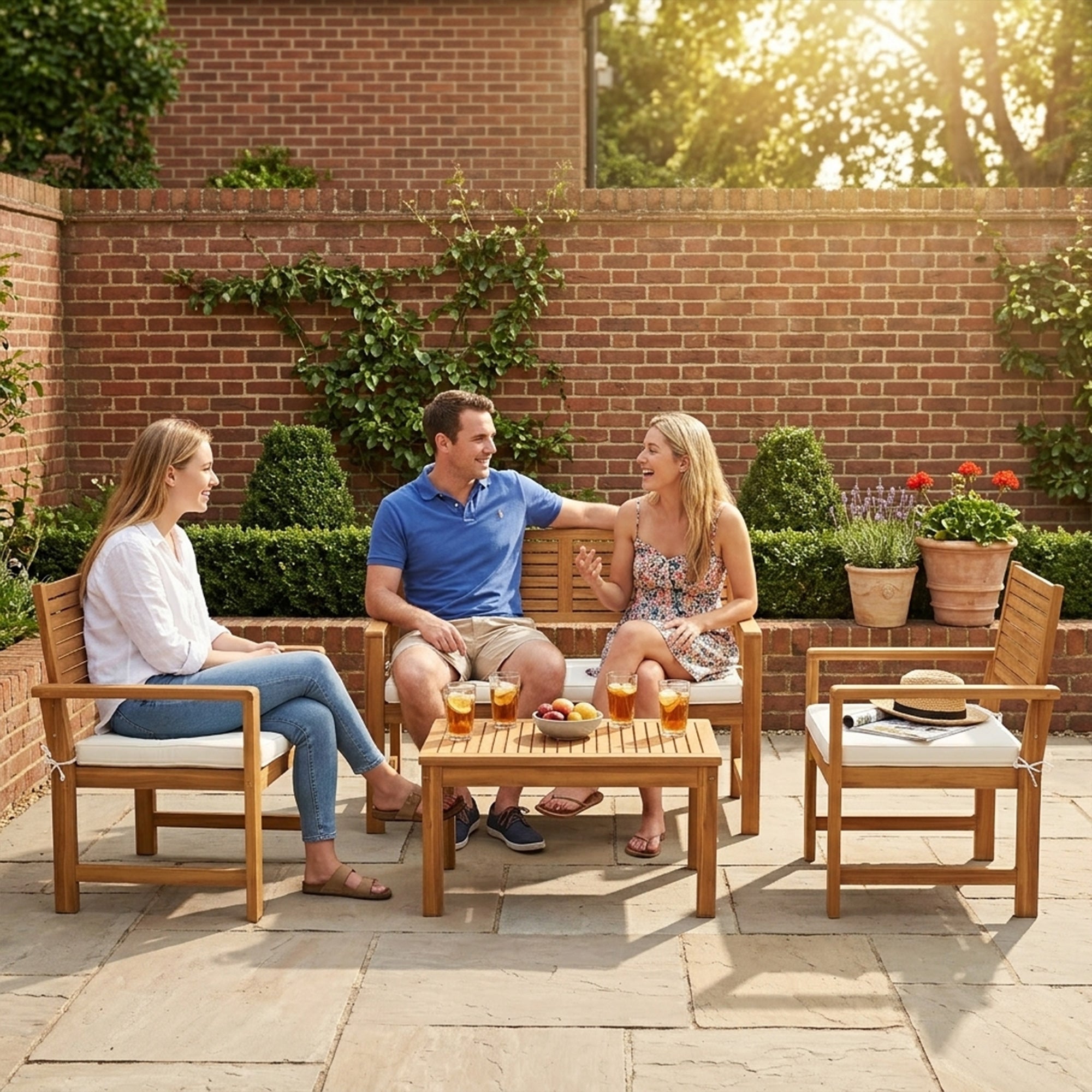 Outsunny 4 Seater Wooden Garden Furniture Set with Loveseat, Armchairs, Table, Acacia Wood Garden Sofa Set, Cream White 