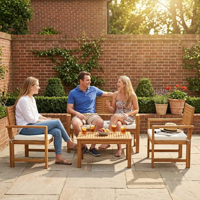Outsunny 4 Seater Wooden Garden Furniture Set with Loveseat, Armchairs, Table, Acacia Wood Garden Sofa Set, Cream White 