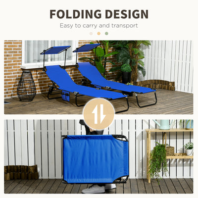 Outsunny 2 Piece Folding Sun Loungers with Canopy, Adjustable Recliner Garden Chairs with Side Pocket, Steel Frame and Breathable Mesh for Outdoor, Pool, Beach, Garden, Blue 