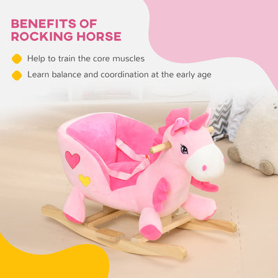 HOMCOM Kids Rocking Horse Ride on Unicorn with Songs, Wooden Base, Seatbelt, for Ages 18-36 Months, Pink 