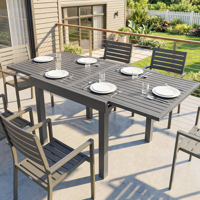 Outsunny Extending Garden Table for 4-8 People, Aluminium Outdoor Dining Table with Slatted Top, Dark Grey 