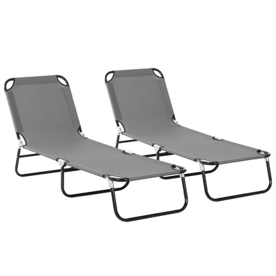 Outsunny 2 Piece Foldable Sun Loungers with 5-Position Adjustable Backrest, Outdoor Portable Recliner Chaise Lounge Chairs with Breathable Mesh Fabric, Grey 