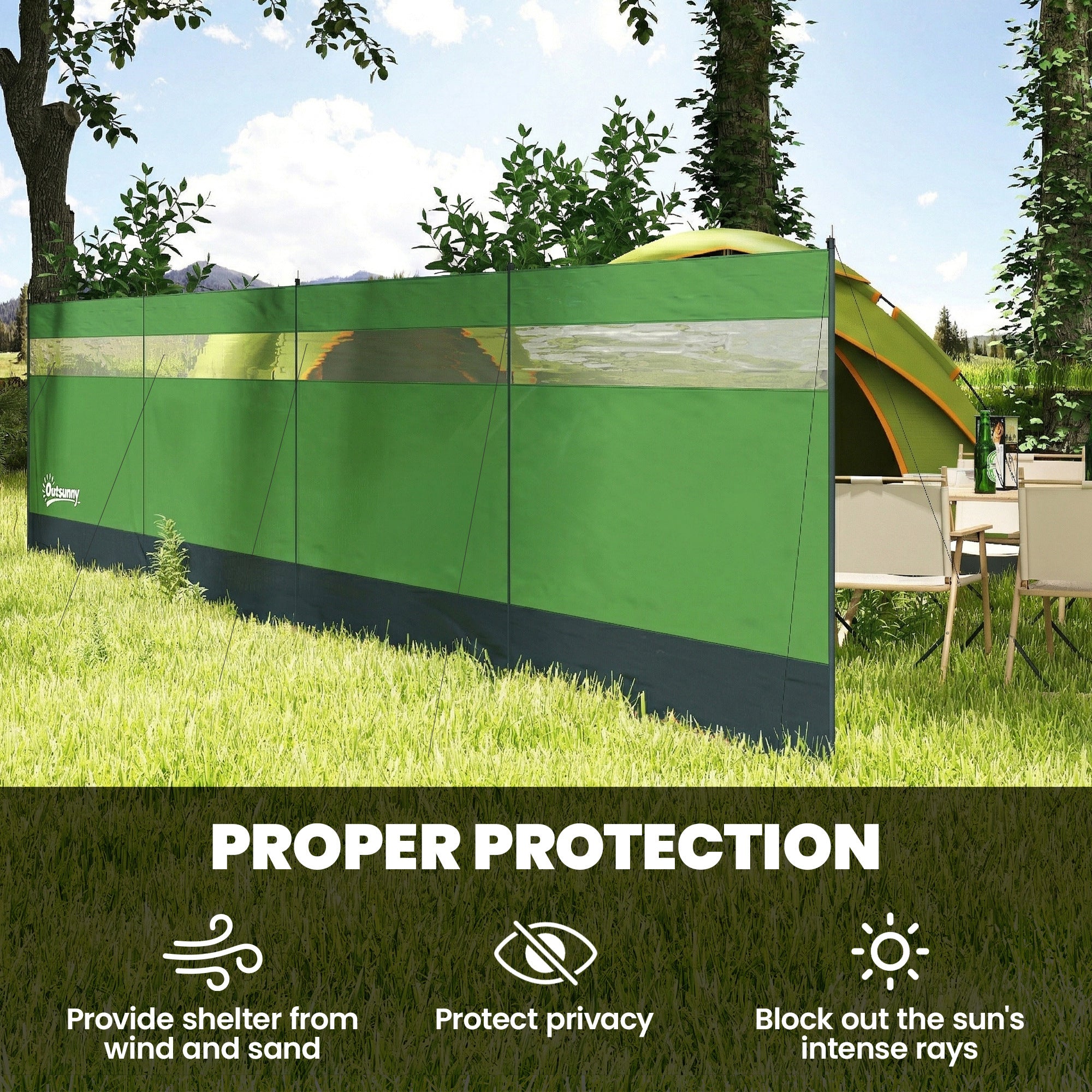 Outsunny Camping Windbreaker with Clear Windows, Carry Bag and Steel Poles, for Beach Caravan Campervan, 725 x 140cm, Army Green 