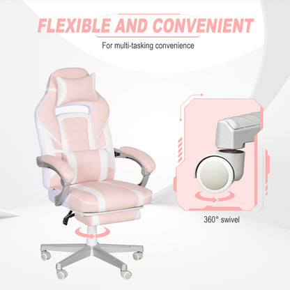 HOMCOM Faux Leather Reclining Gaming Chair, with Footrest - Pink/White 