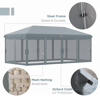 Outsunny 3 x 6m Pop Up Gazebo, Outdoor Canopy Shelter, Marquee Party Wedding Tent with 6 Mesh Walls and Carry Bag, Grey 