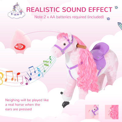HOMCOM Plush Walking Horse Ride On Toy with Wheels and Realistic Sounds Rocking Horse for Girls Boys 3+ Years Old, 50cm Tall, Pink 
