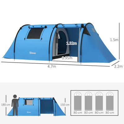 Outsunny Four Man Duo Room Tunnel Tent, with Accessories - Sky Blue 