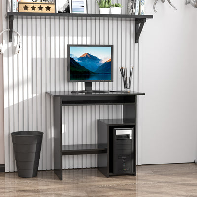 HOMCOM Compact Small Computer Table Wooden Desk Keyboard Tray Storage Shelf Modern Corner Table Home Office Black 