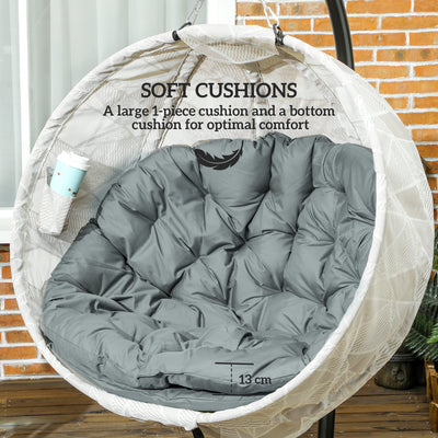 Outsunny Hanging Egg Chair Outdoor Indoor Garden Swing Chair with Folding Basket, Garden Hanging Chair with Stand, Thickened Cushion, Cup Holder for Patio, Balcony, Grey 
