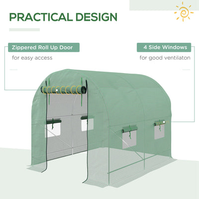 Outsunny Walk-In Garden Polytunnel Greenhouse with Steel Frame, PE Cover, Roll-Up Door and 4 Windows, 2.5 x 2m, Green 