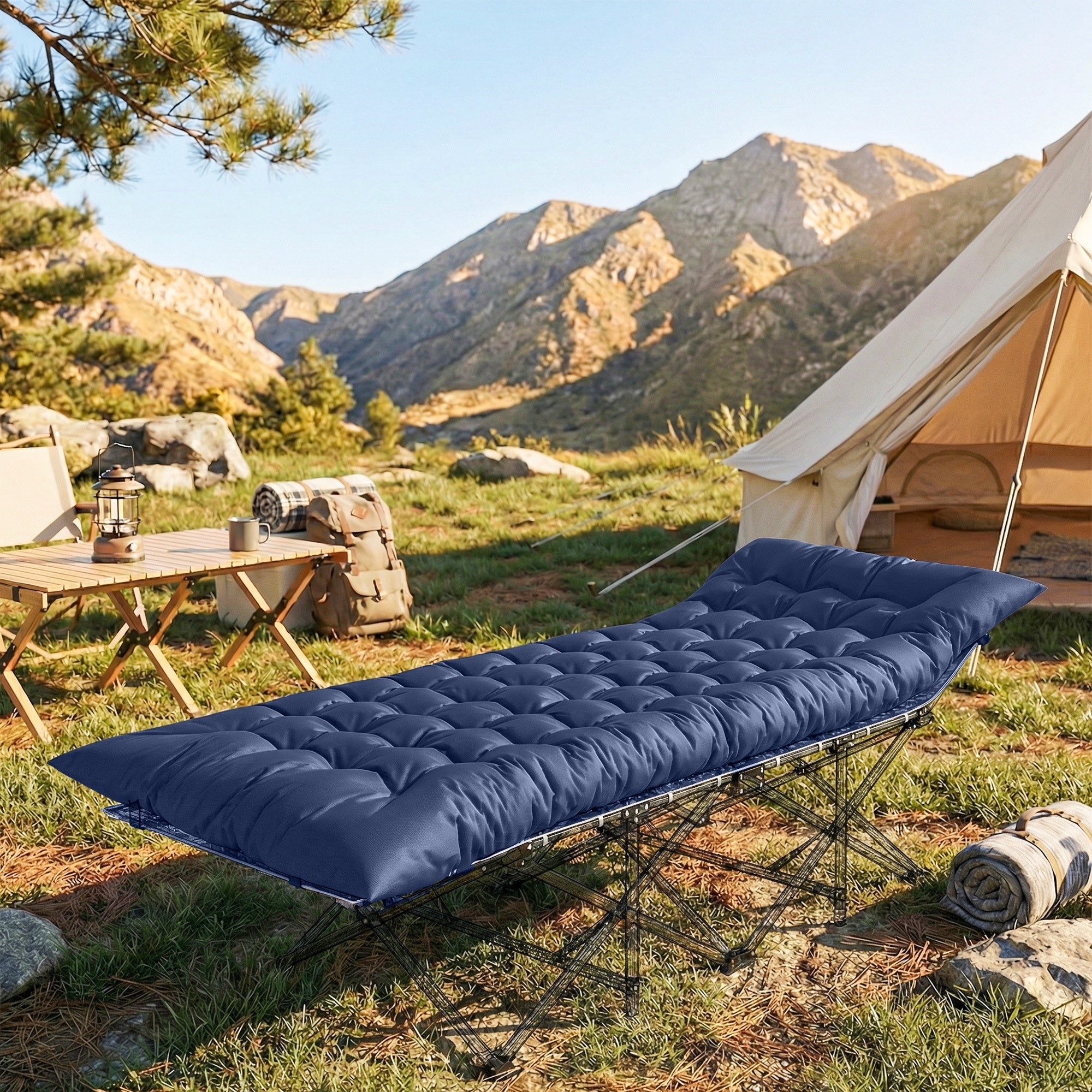 Outsunny Sleeping Mat, Foldable Camping Mattress Pad with Four Corner Elastic Straps, Dark Blue 