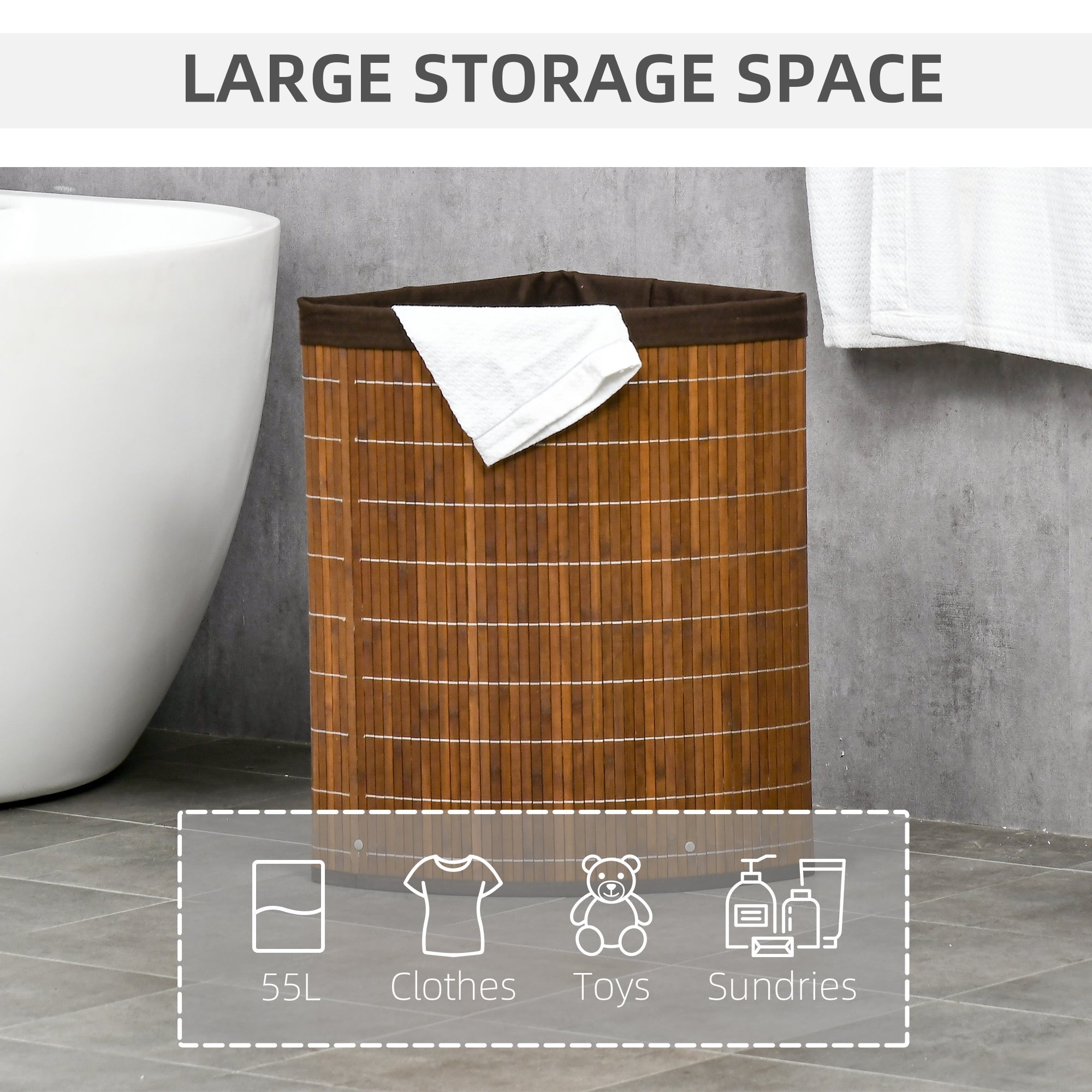 HOMCOM Bamboo Laundry Basket with Lid, 55 Litres Laundry Hamper with Removable Washable Lining,  Corner Washing Baskets, 38 x 38 x 57cm, Brown 