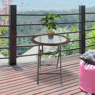 Outsunny Folding Rattan Garden Dining Table, 68 cm Round Rattan Garden Table with Water Ripple Tempered Glass Top, Wicker Edging  and Steel Frame for Outdoor, Patio, Brown 