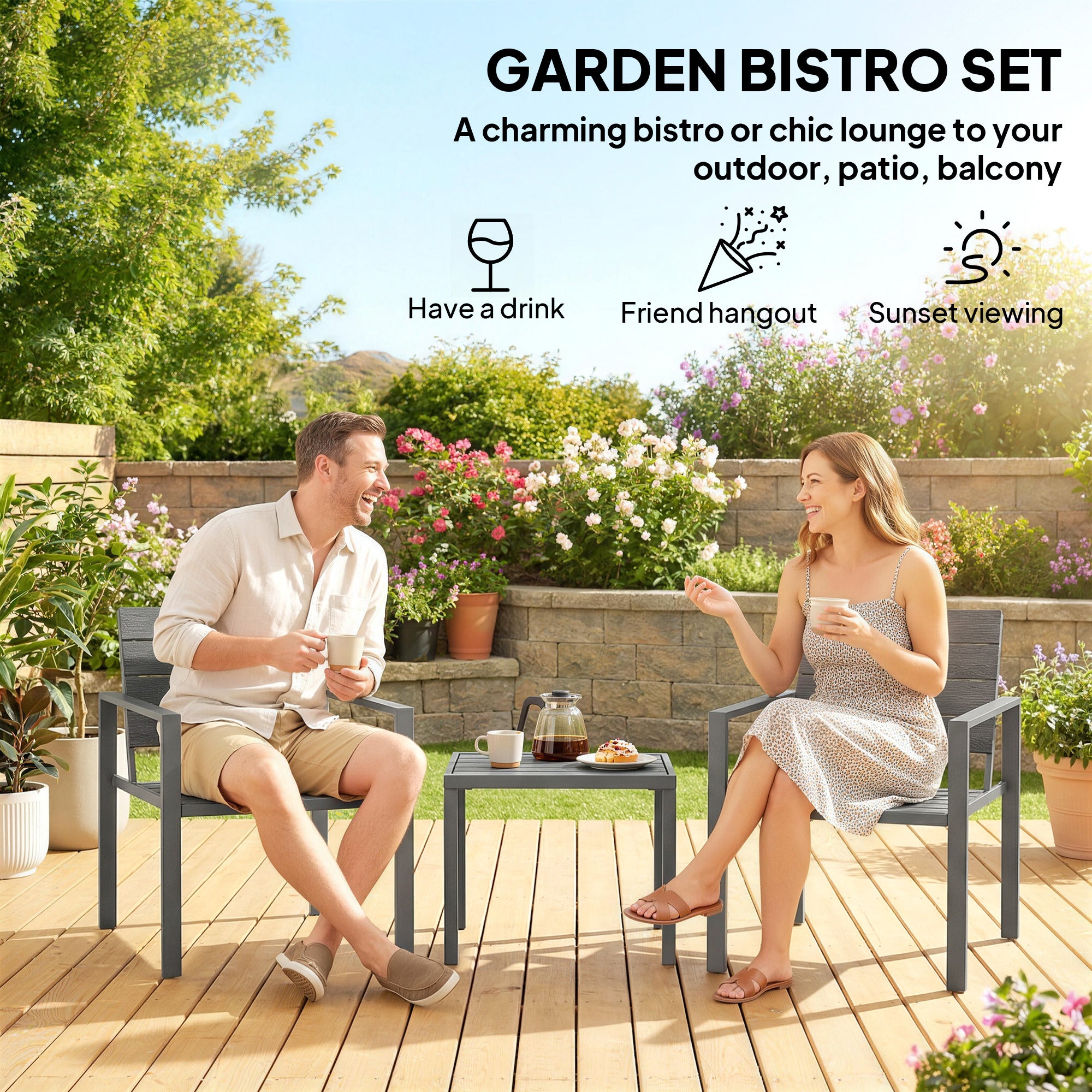 Outsunny 3 Pieces Garden Bistro Set for 2, Outdoor Bistro Table and Chairs with Metal Frame, Plastic Patio Furniture Set 