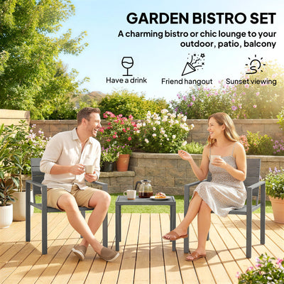 Outsunny 3 Pieces Garden Bistro Set for 2, Outdoor Bistro Table and Chairs with Metal Frame, Plastic Patio Furniture Set 