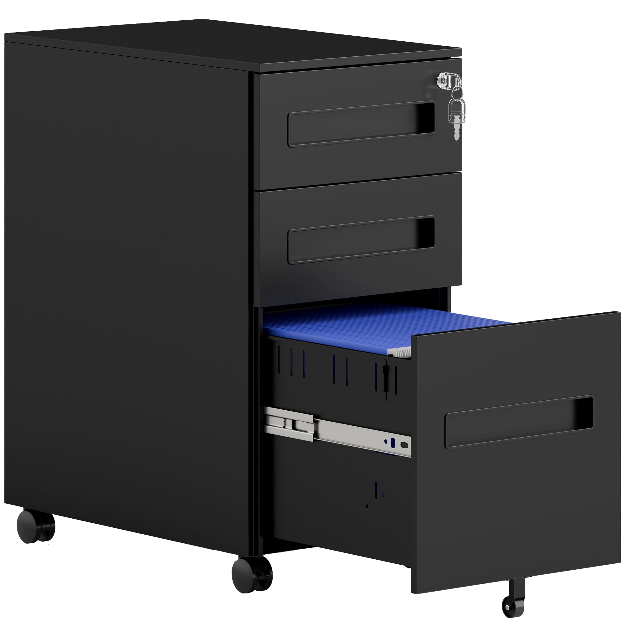 Vinsetto Metal Mobile File Cabinet with Wheels, Lockable 3 Drawer Filing Cabinet for A4, Legal, Letter, Compact Under Desk Storage Unit with Pre-Assembled Body for Home Office, 30 x 43.5 x 60cm, Black 