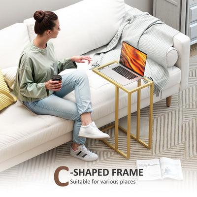 HOMCOM C-Shaped Side Table, Modern Slim End Table with Tempered Glass Tabletop, Steel Frame for Small Space, Living Room, Bedroom, Gold Tone 
