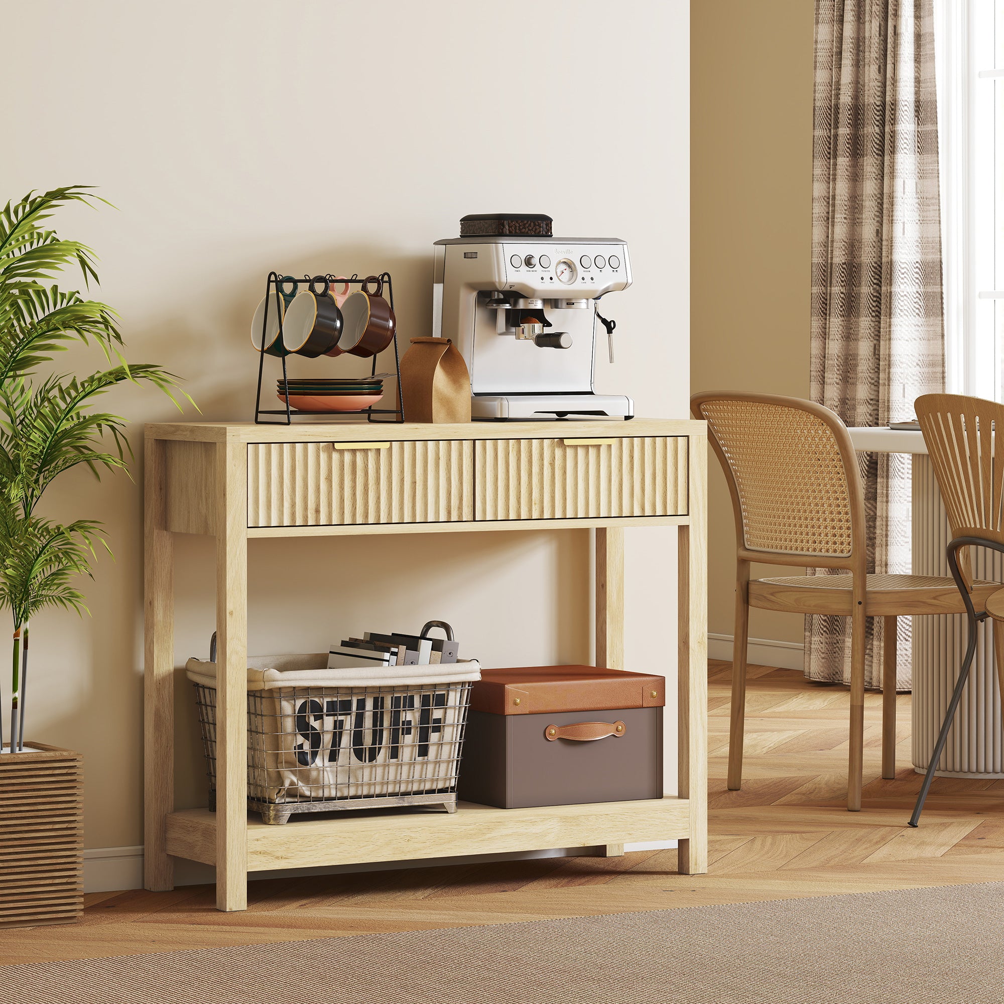 HOMCOM Modern Console Table with Fluted Panel Drawers, Narrow Hallway Table with Shelf for Entryway, Living Room, 90 x 30 x 76 cm, Natural Wood Finish