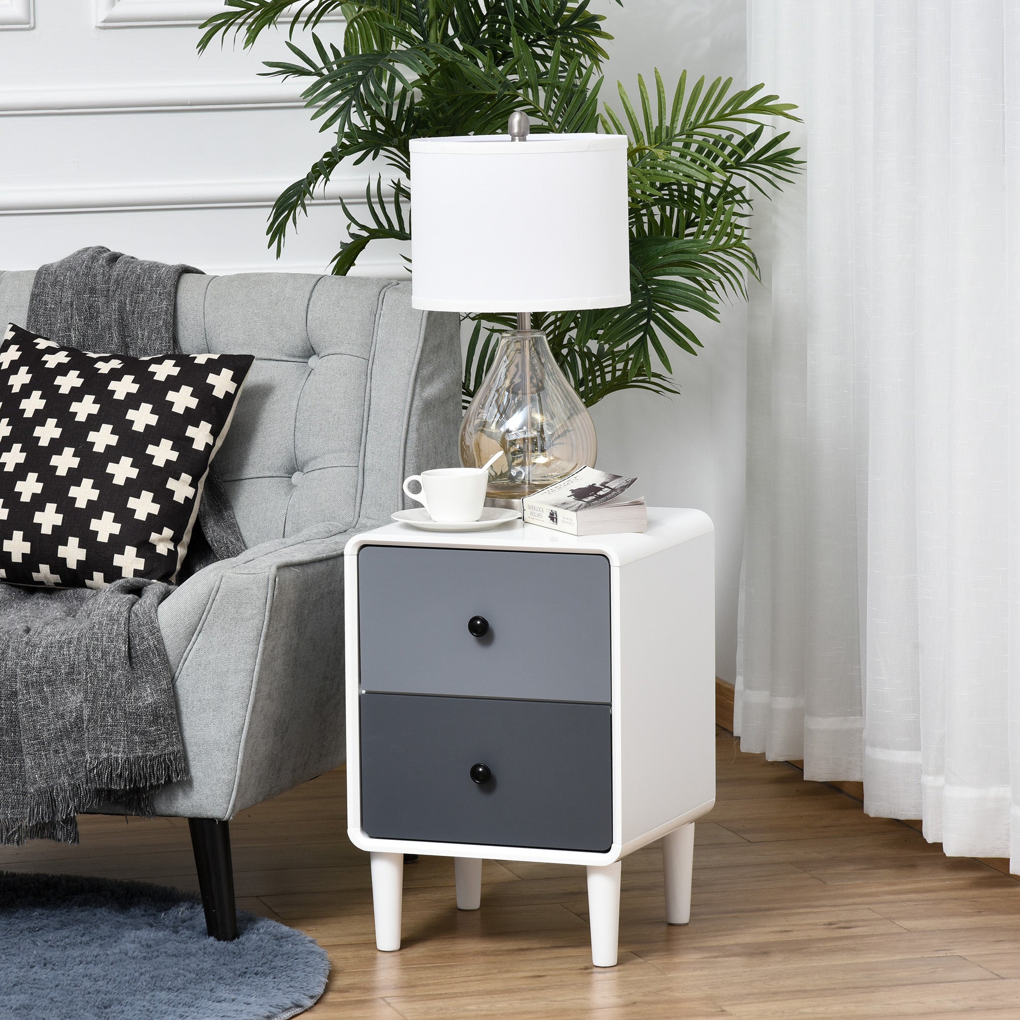 HOMCOM Modern Side Cabinet Nightstand Home Organizer with 2 Storage Drawer Unit for Bedroom, Living Room 