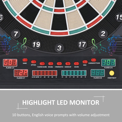 HOMCOM Electronic Dartboard Set, 27 Games Modes and 202 Variations, LED & 12 Soft Tip Darts and Cabinet to Storage, Ready-to-Play Multi-Game Option Darts Machine 