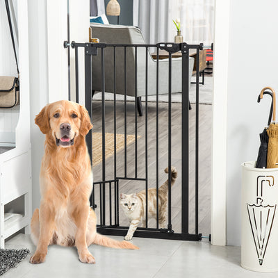 PawHut Extra Tall Pet Gate, Indoor Dog Safety Gate, with Cat Flap, Auto Close, 74-80cm Wide - Black 