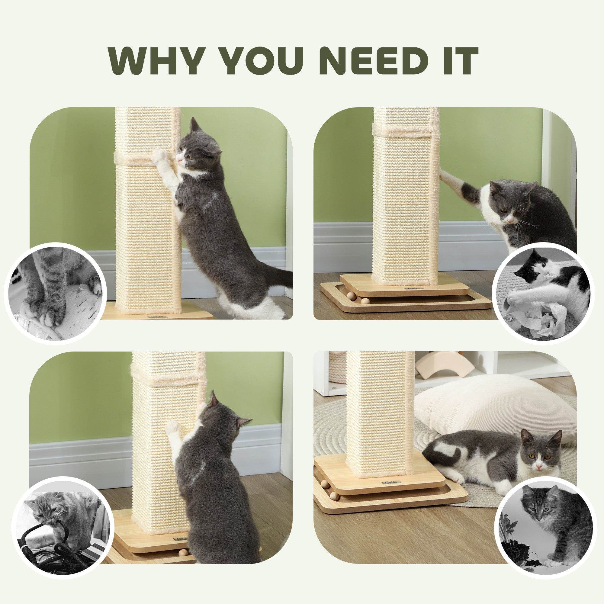 PawHut 3-in-1 Cat Scratching Post, 87cm Cat Scratcher w/ Track Ball Toy, Oak Tone 