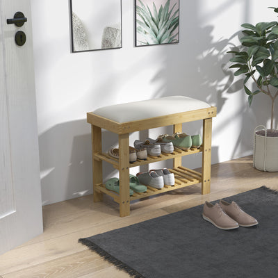 HOMCOM Bamboo Shoe Storage Bench, 3-Tier Shoe Bench with Seat Cushion, Shoe Rack for Entryway, Hallway, Living Room, Bedroom, Cream White 