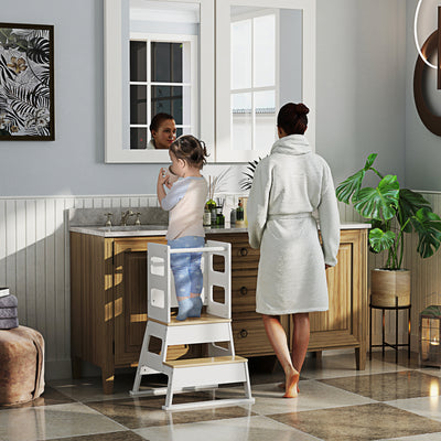 AIYAPLAY 2-in-1 Toddler Tower with Chalkboard, Safety Rail for Kitchen, Counter, Bathroom, Sink, White 