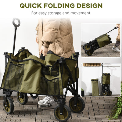 Outsunny Folding Garden Trolley, Cargo Trailer on Wheels, Collapsible Camping Trolley with Folding Board, Outdoor Utility Wagon with Steel Frame and Oxford Fabric, Green 