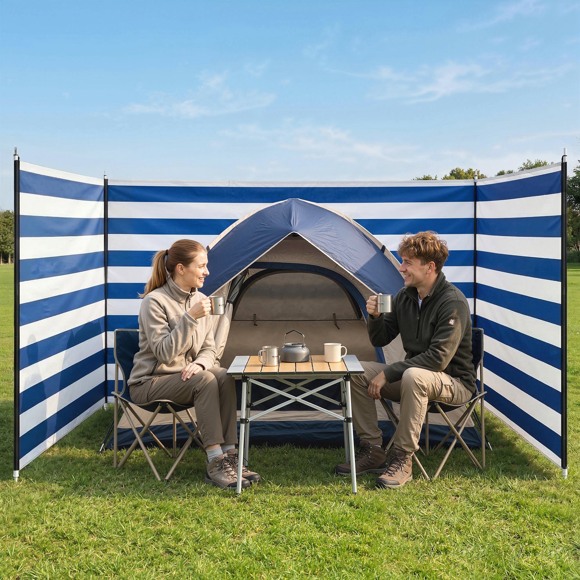 Outsunny 4 Pole Camping Windbreaks, Beach Wind Shield Shelter with Carry Bag and Steel Poles, 540cm x 150cm, Dark Blue 