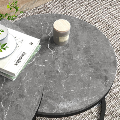 HOMCOM Industrial Nesting Coffee Table Set of 2, Round Coffee Tables, Living Room Table with Faux Marbled Top and Steel Frame 